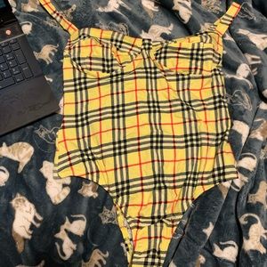 Yellow plaid checkered bodysuit